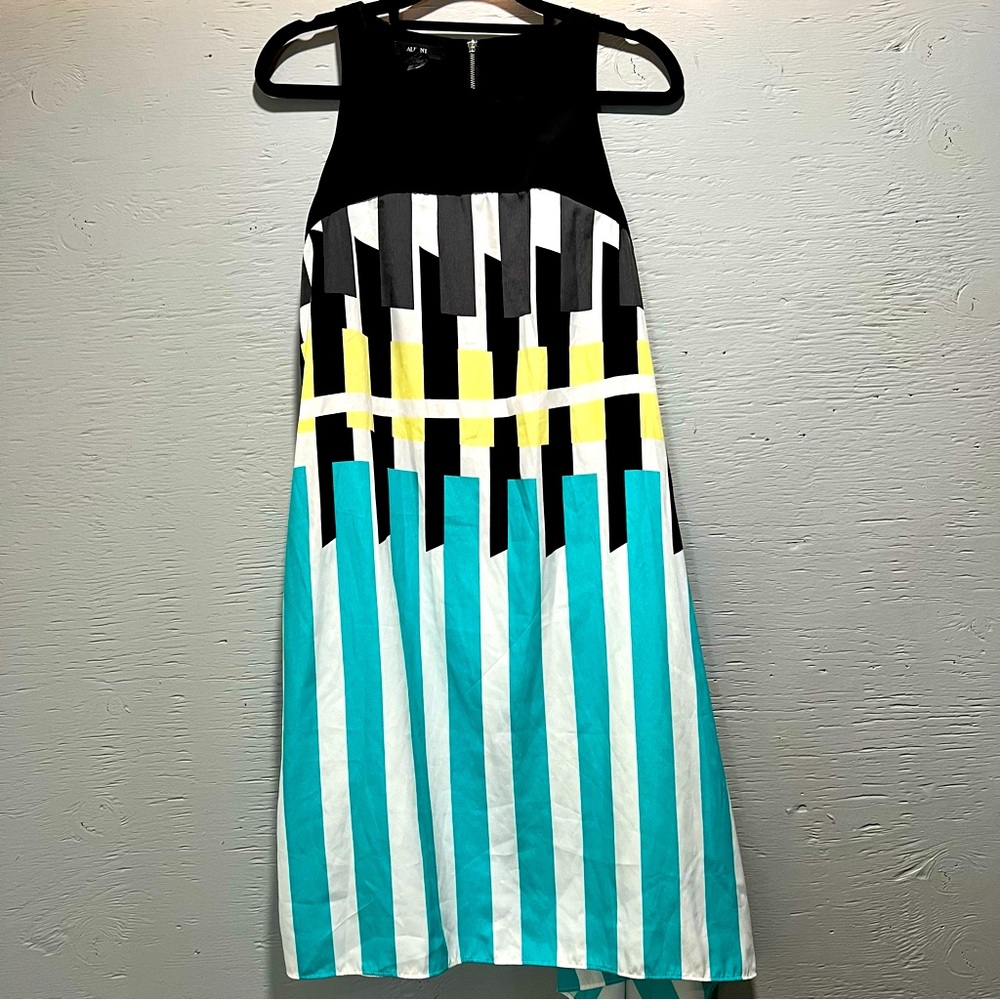 Alfani watercolor drape asymmetrical hem high neck zip closure midi dress - Picture 2 of 11